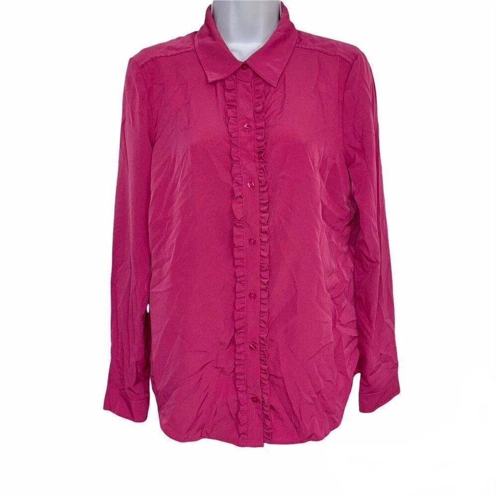 NYDJ Womens Blouse M Pink Lined Long Sleeve Button Front Top Shirt Raspberry